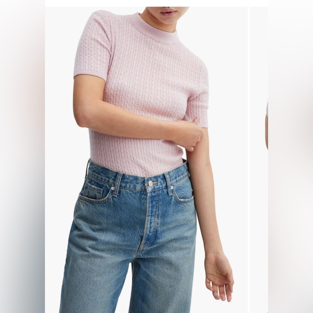 Mango short sleeve cable knit sweater. Baby pink. Size M